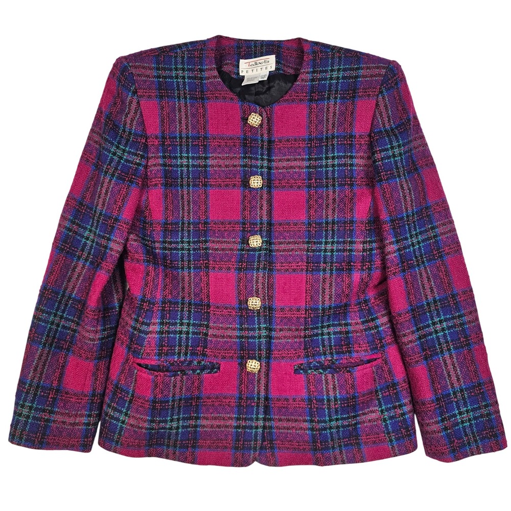 Talbots Petites Pink Purple Plaid Wool Blend Blazer Jacket Gold Buttons Size 4P